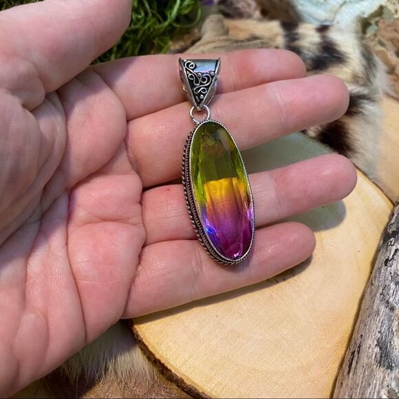 Bi-Color Tourmaline Green Purple Sterling Silver Pendant - Picture 9 of 10